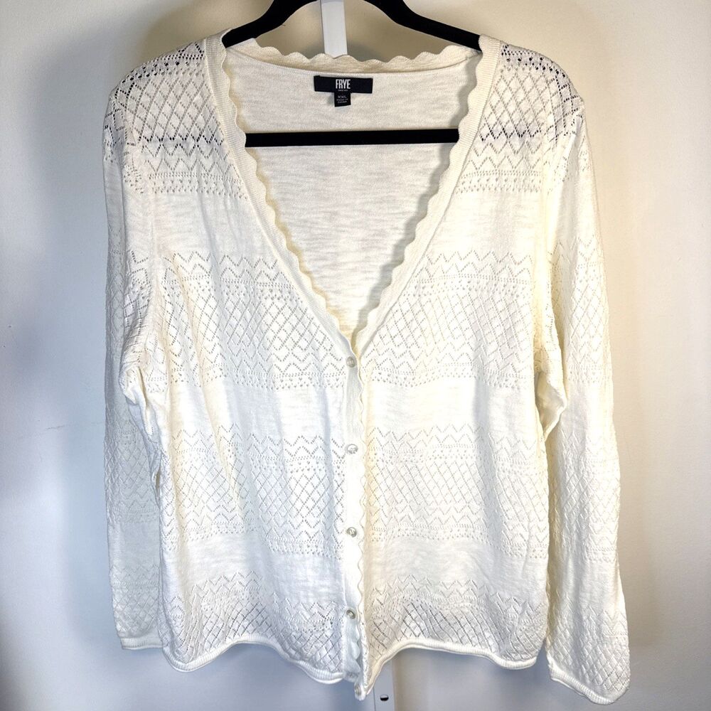 Frye Women's Pointelle Cardigan, Ivory, Size XXL Lightweight Button Scalloped